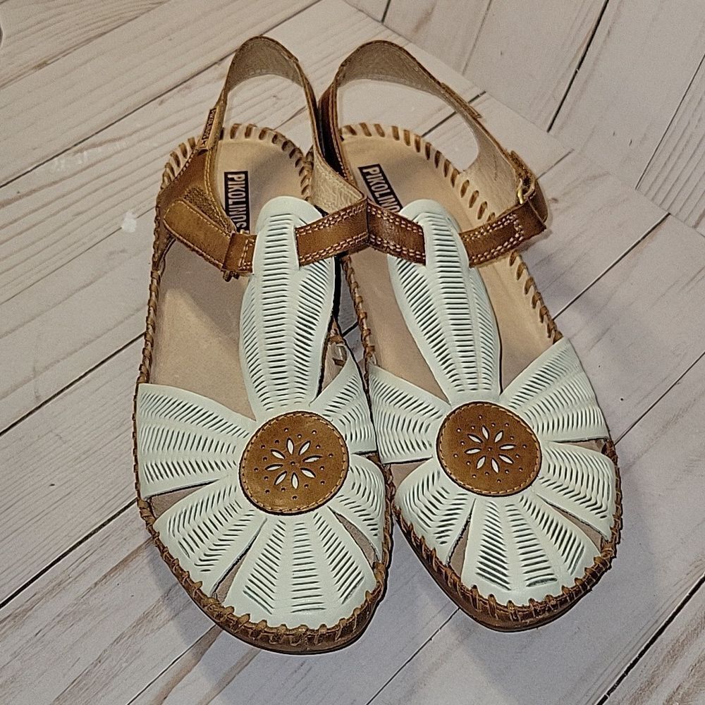 PIKOLINOS Leather Flower Wedge Sandals Puerto Vallerta Size 41 Nata